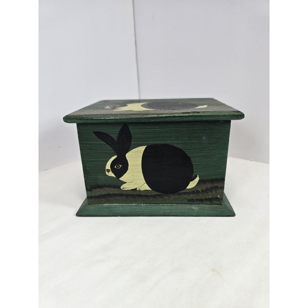 Vintage Hand Painted Wood Rabbit Box Folk Art Bunny Hinged Trinket Storage Decor